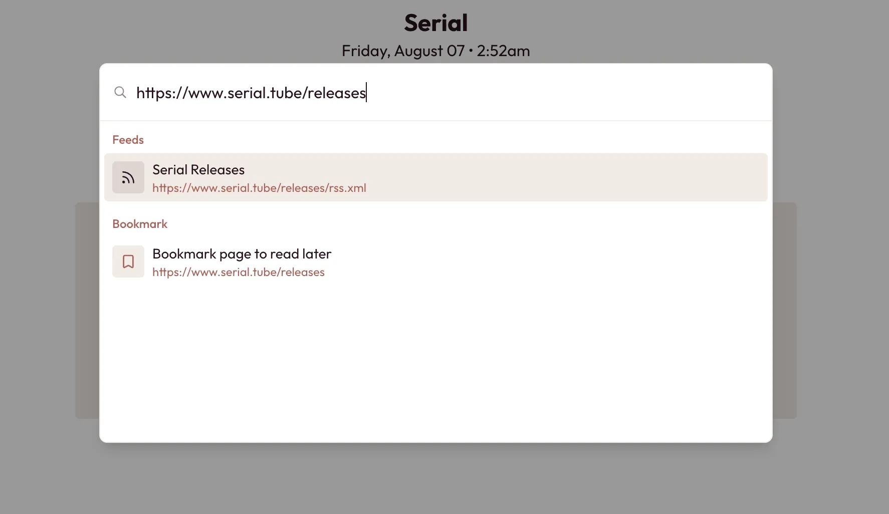 A screenshot of the add modal in Serial, showing options to follow the feed or save the page for later