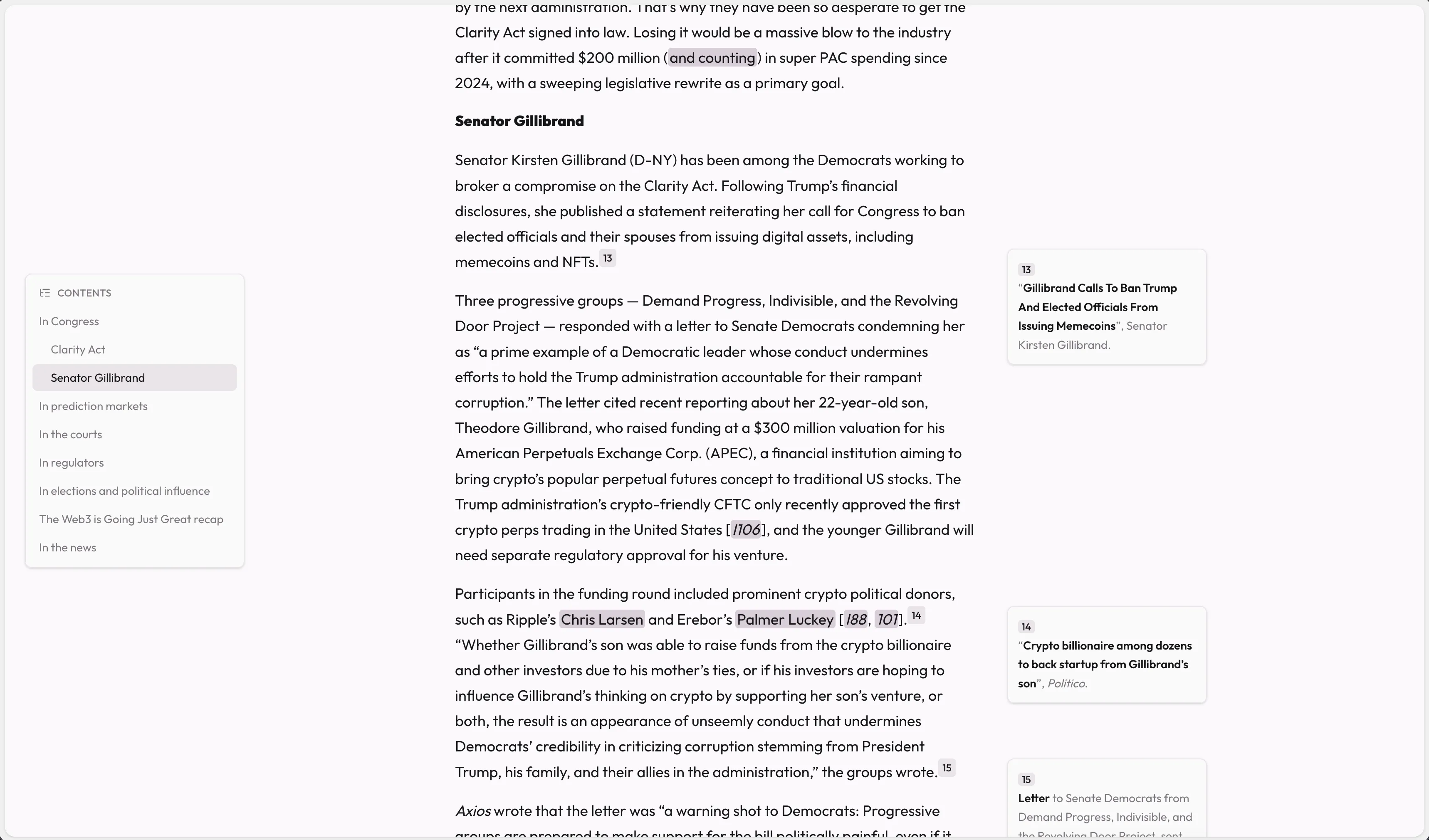 A screenshot of an article in Serial, with a “Contents” pane on the left and some footnotes on the right side of the content.