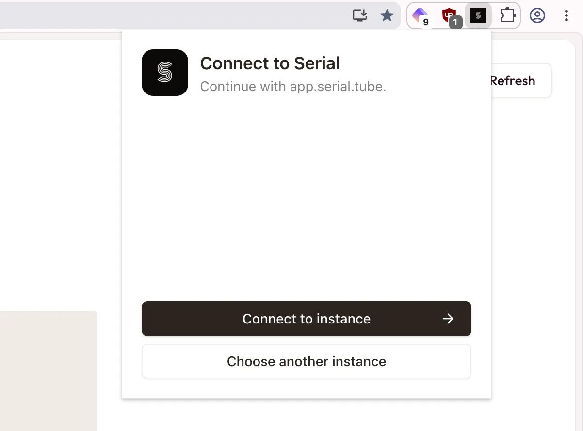 A screenshot of the Serial extension connect page, showing the option to connect to the main instance or a separate instance.