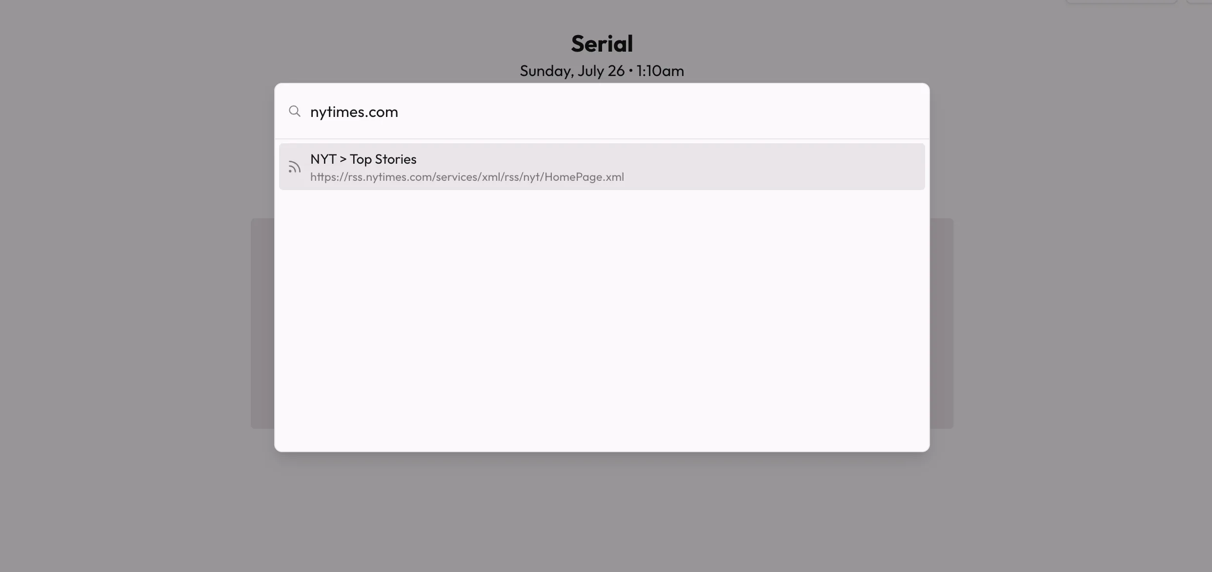 A screenshot of a basic Serial setup, open to an empty feed addition flow.