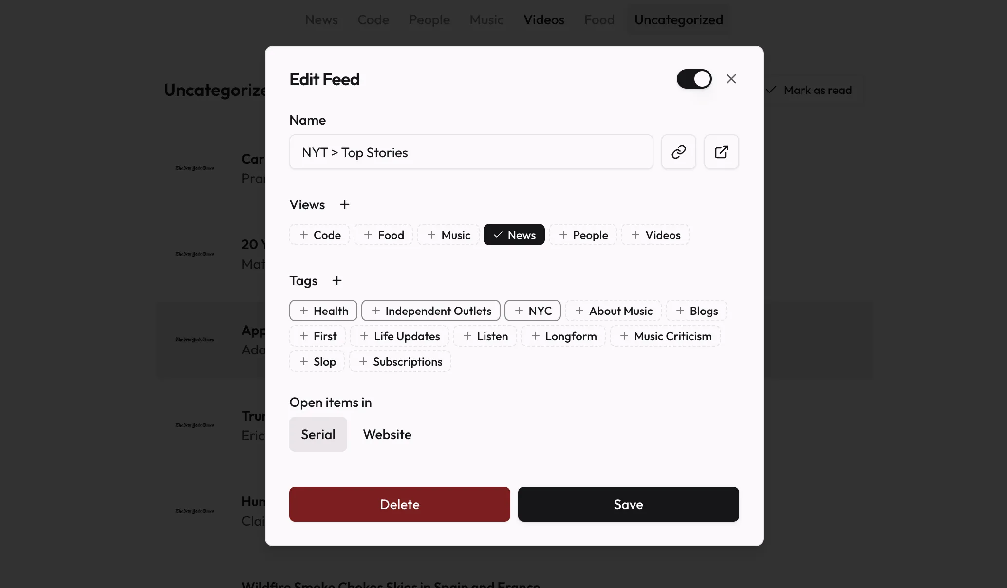 The edit feed modal, showing a user editing the NYTimes main rss feed.
