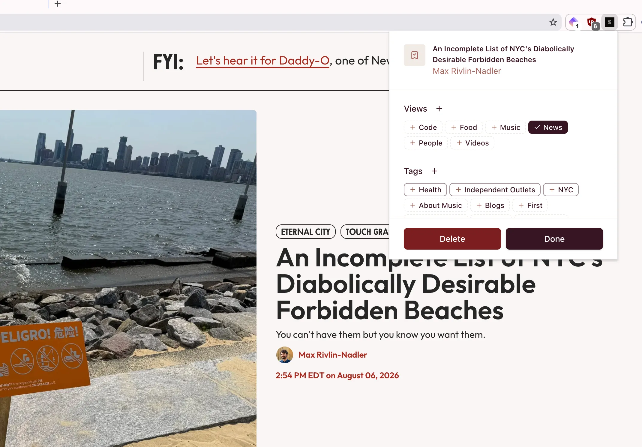 A screenshot of part of a Hell Gate article and the open Serial bookmark flow