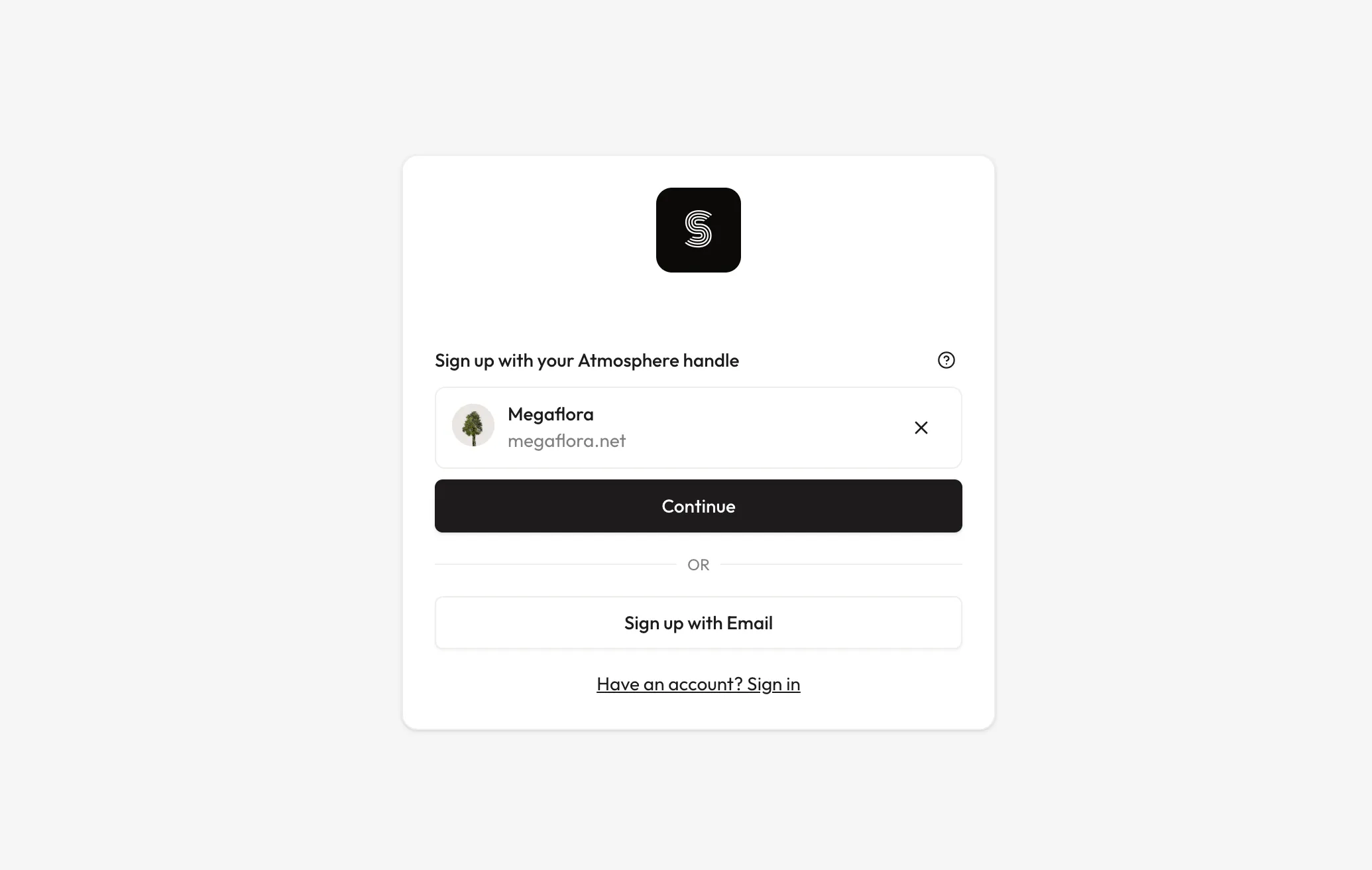 A screenshot of the Atmosphere connection in sign up, showing the Megaflora account