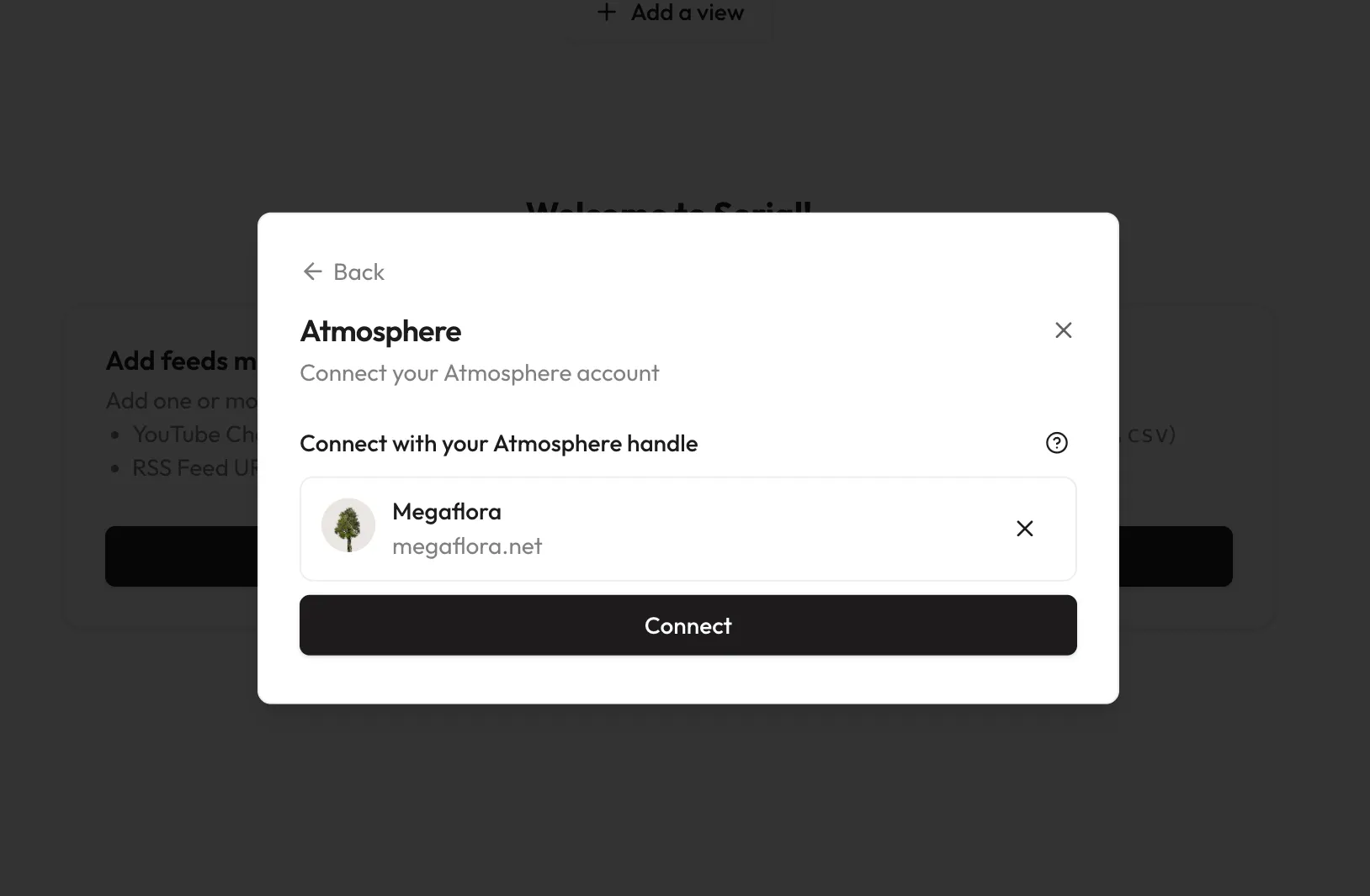 A screenshot of the Atmosphere connection dialog, showing the Megaflora account