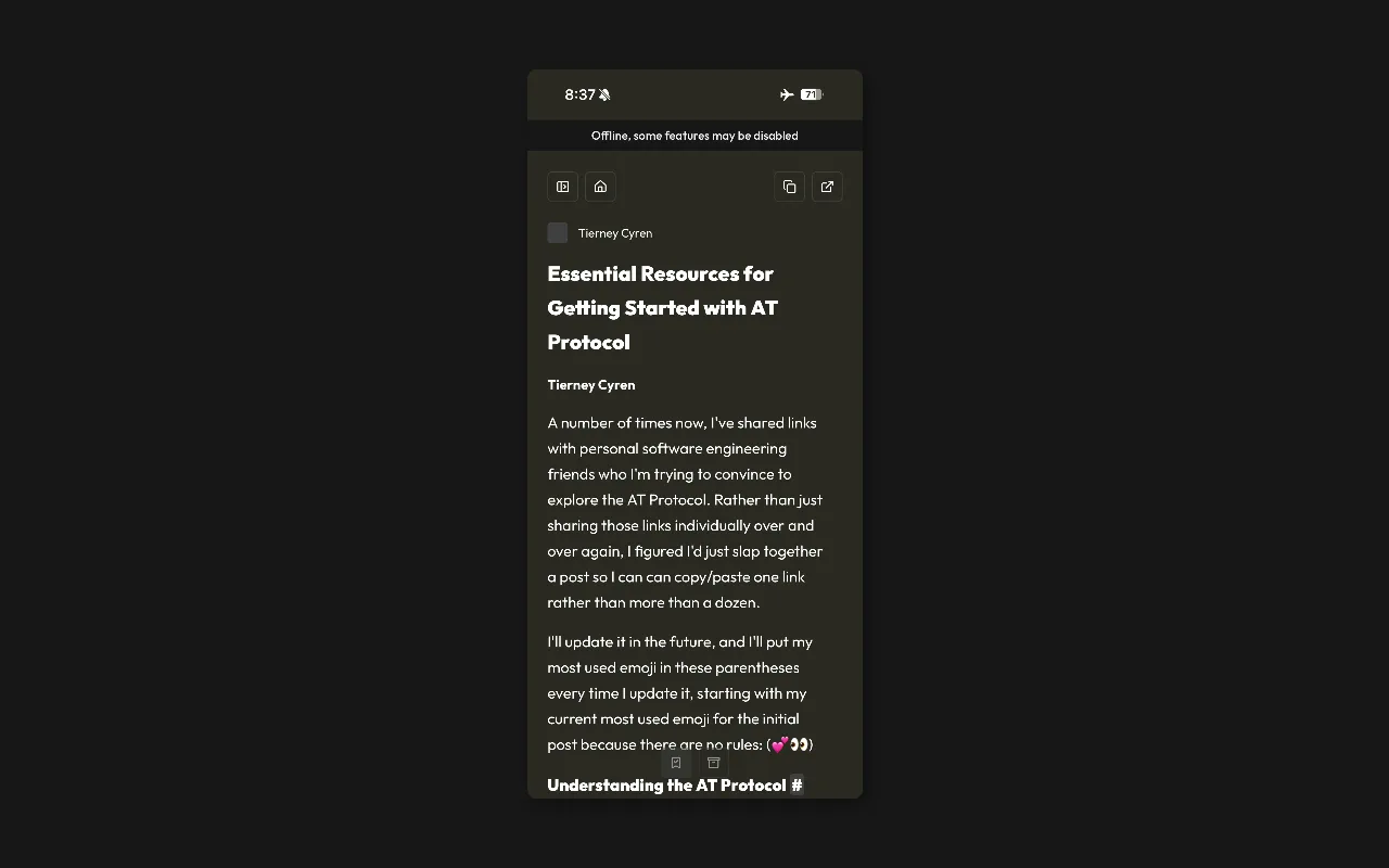 A screenshot of the Serial PWA, open to an article while offline. There is an offline banner at the top.