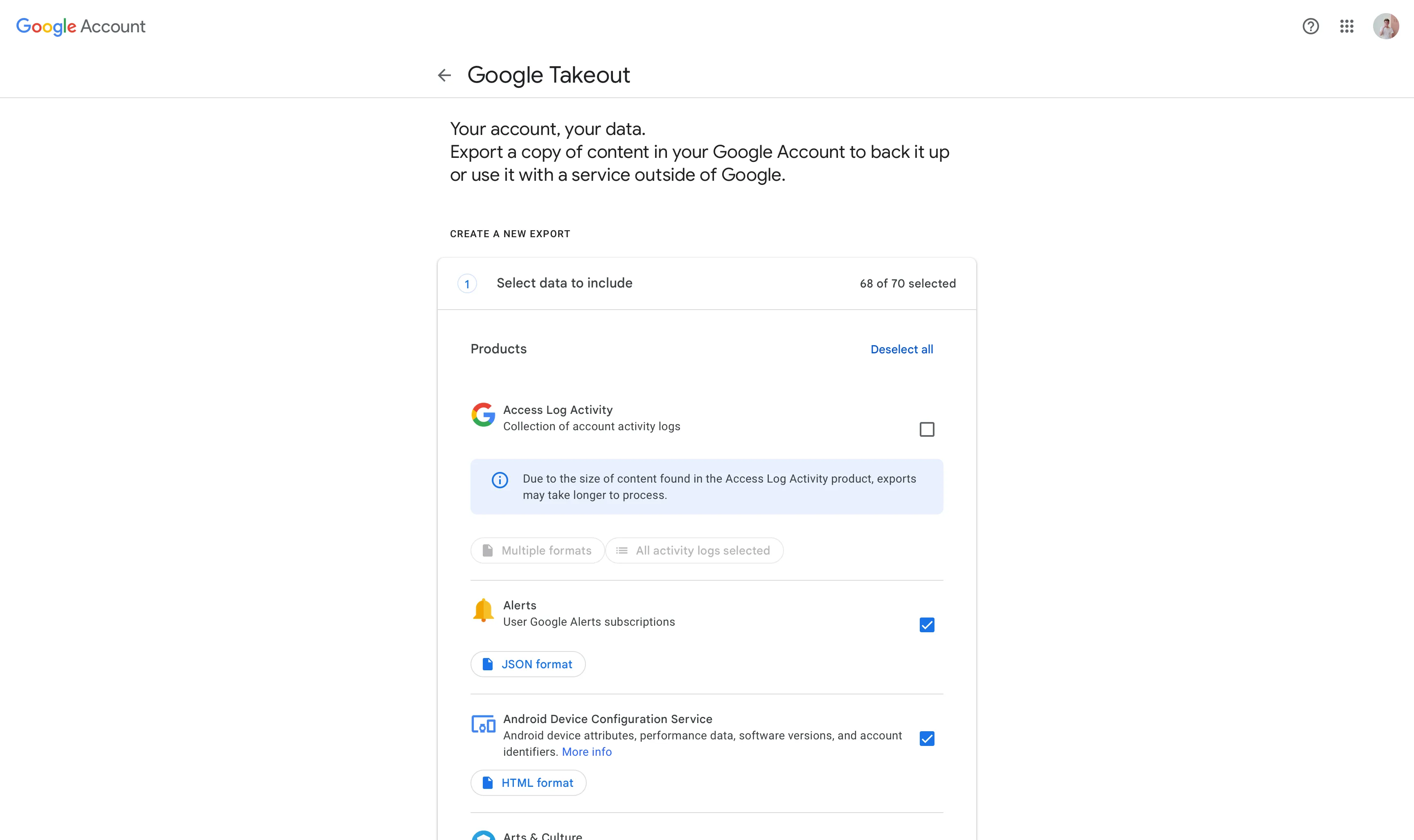 Step 1: Deselect all in Google Takeout