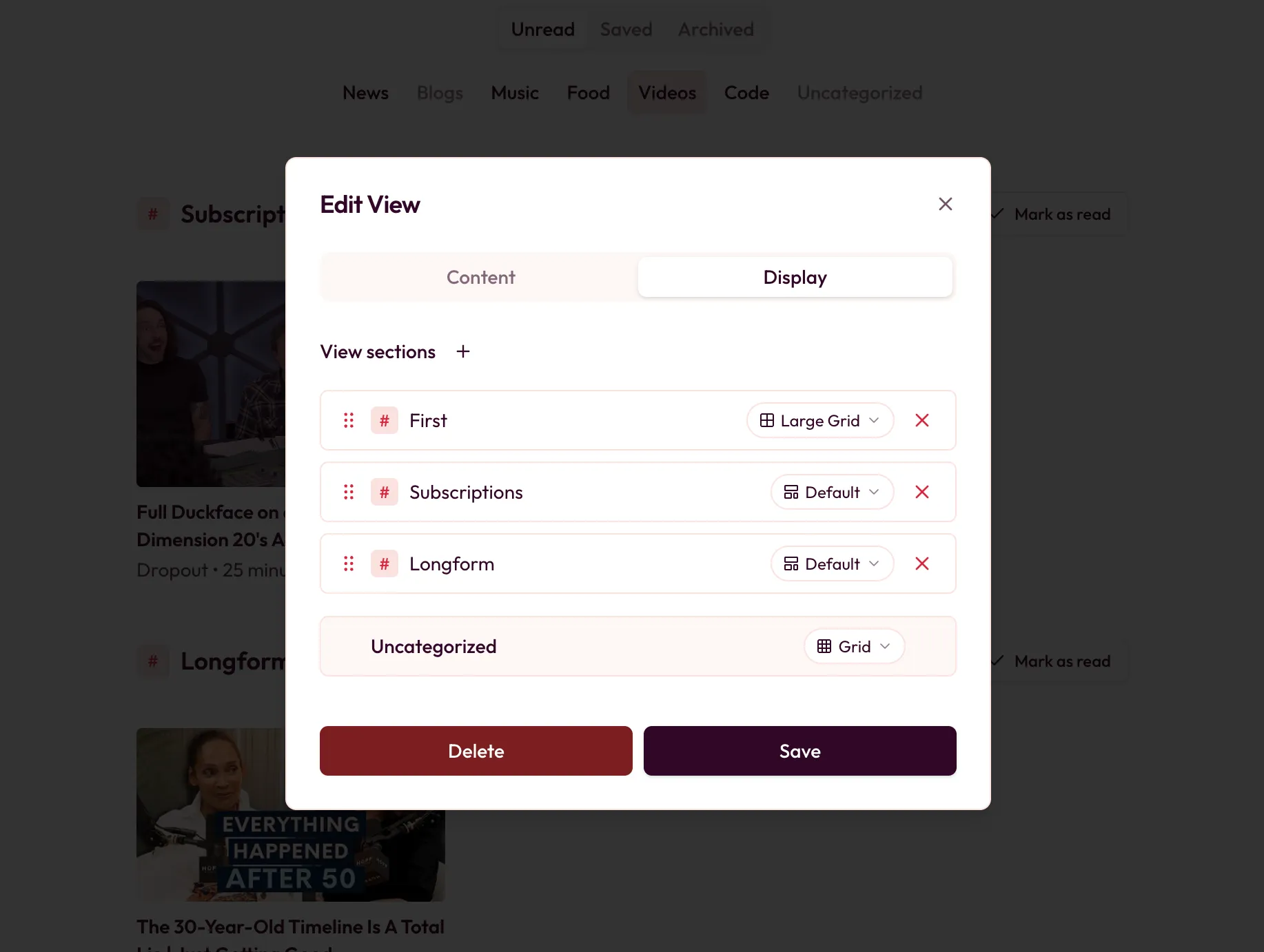 A screenshot of the Layout tab in Edit View, showing the view section editor