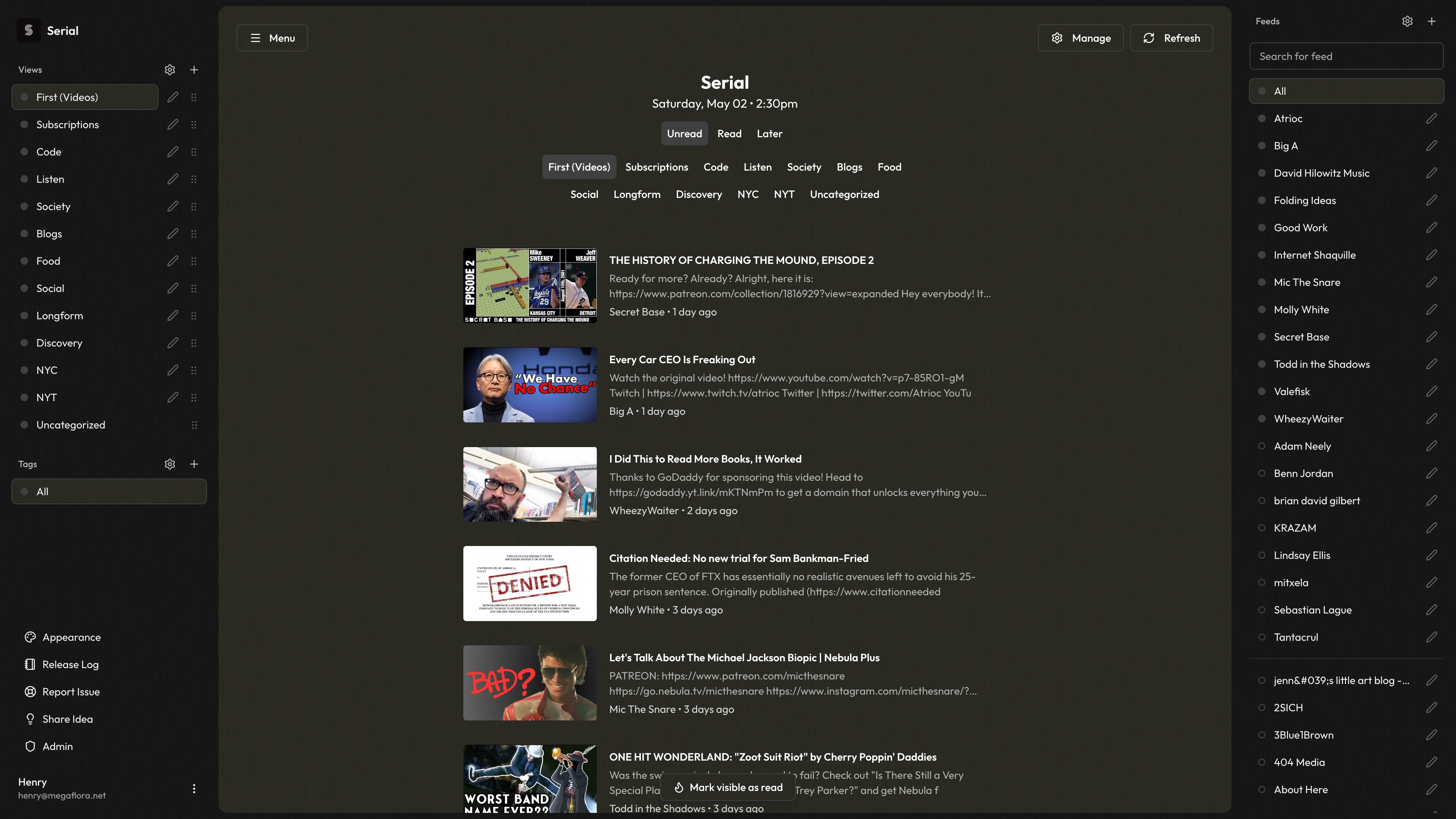 A screenshot of the Serial desktop site in dark mode