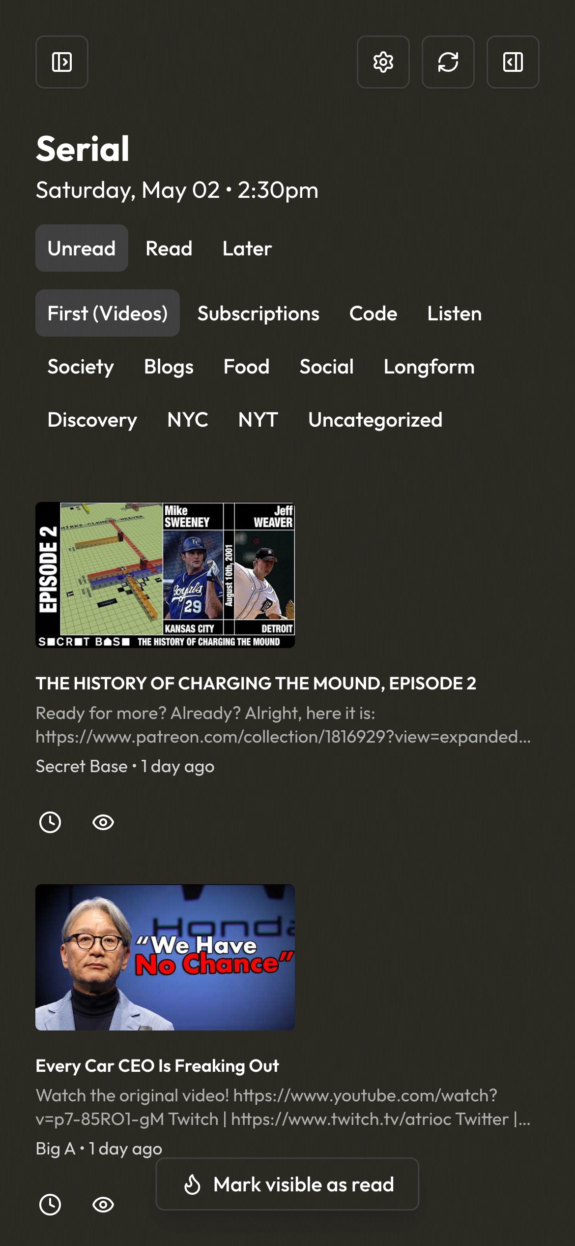 A screenshot of the Serial mobile site in dark mode
