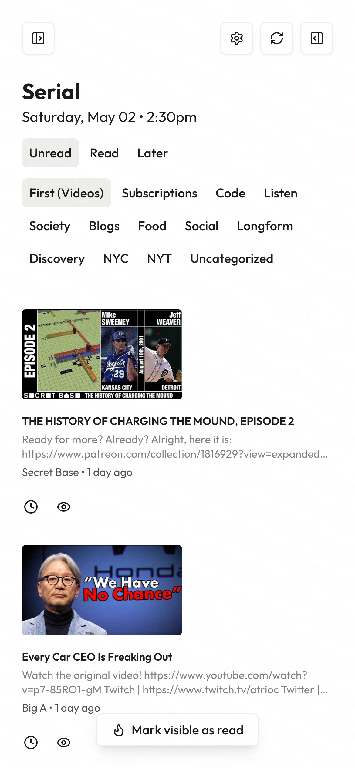 A screenshot of the Serial mobile site in light mode